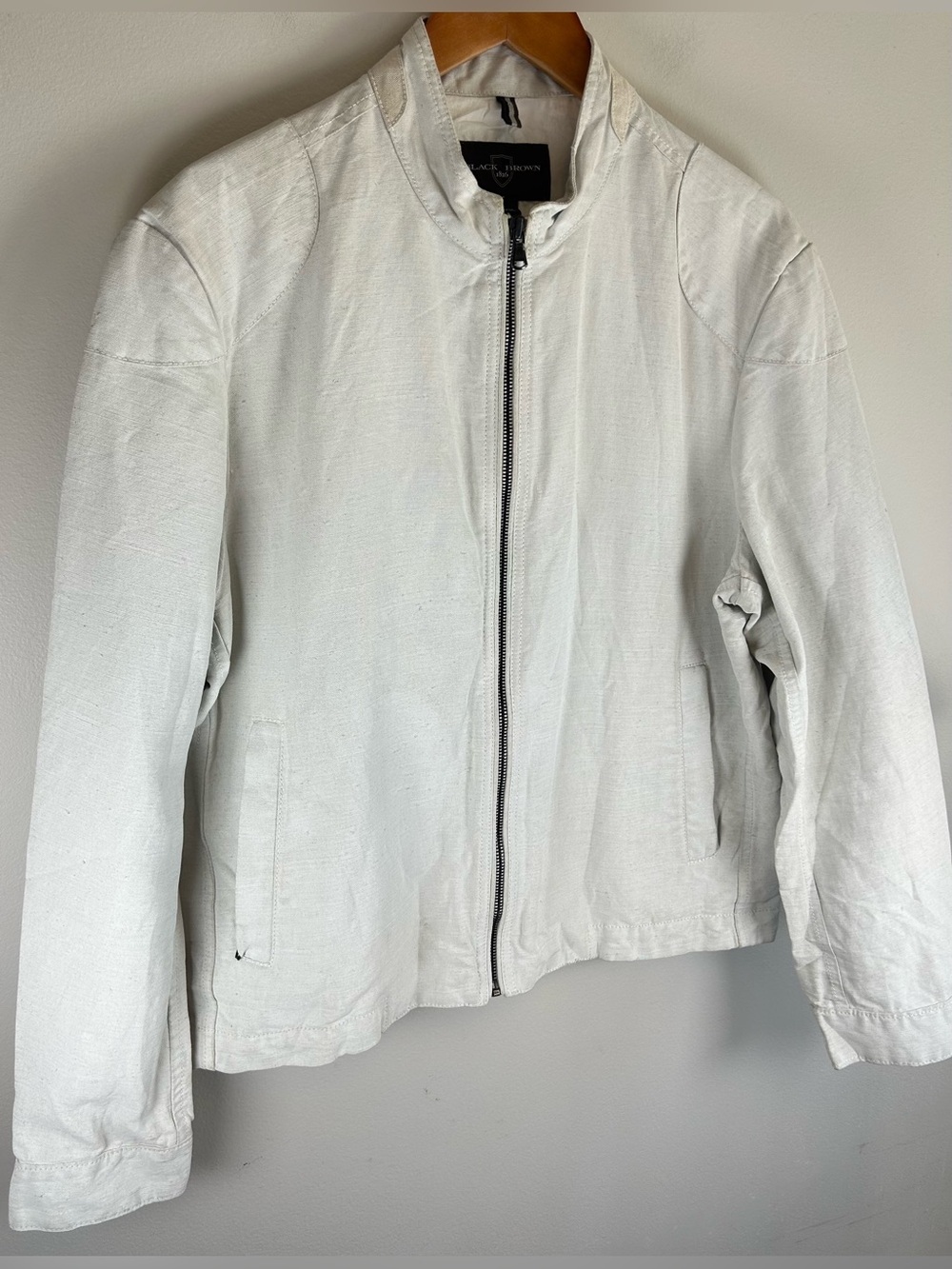 Black Brown 1826 Men's Bomber Jacket Size L Linen Blend Biker Elbow Patches - Picture 2 of 13